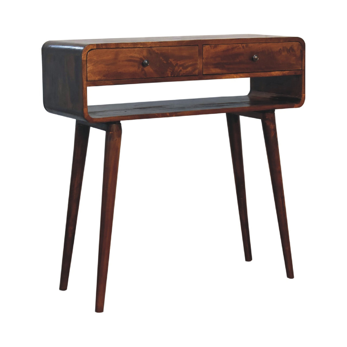 Sonata Chestnut Console Table, Nordic Legs, 2-Drawers, Open Slot