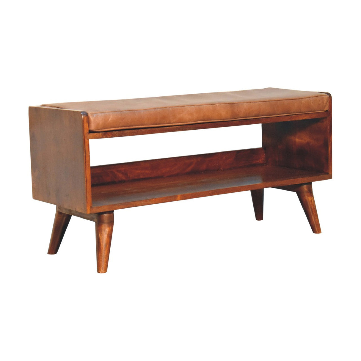 Solid Wood Chestnut Bench with Leather Seat Pad