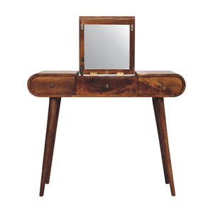 Chestnut Mirror Dressing Table, Nordic Legs, 2-Drawers, Compartments for Storage