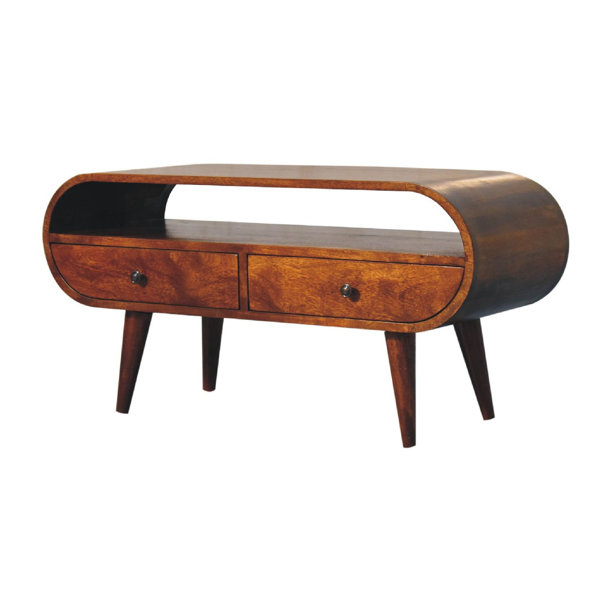 Chestnut Circular TV Stand, 2-Drawers, Open Slot, Nordic Legs