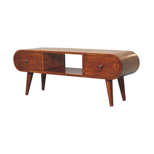 Solid Wood Chestnut Circular TV Unit, Nordic Legs, 2-Drawers, Open Slot