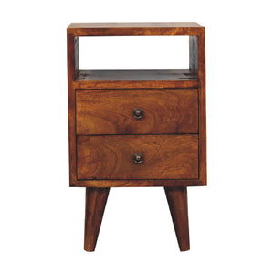 Solid Wood Mini Classic Chestnut Bedside, 2-Drawers, 1 Open Slot, Nordic Legs