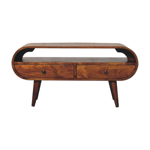 Chestnut Circular TV Stand, 2-Drawers, Open Slot, Nordic Legs