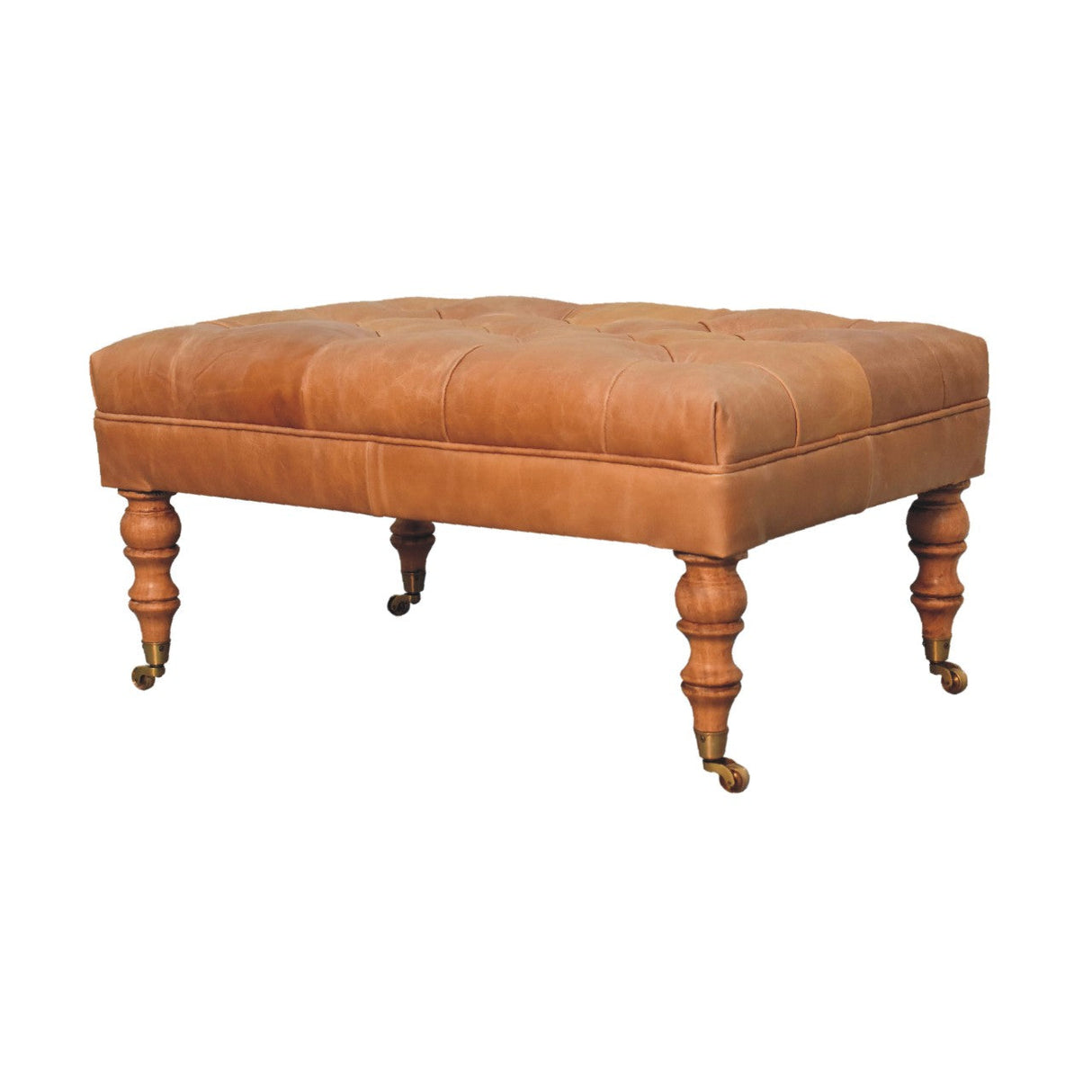 Solid Wood Buffalo Leather Ottoman with Castor Legs