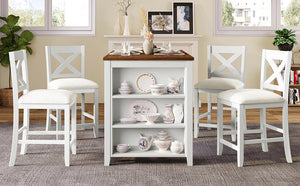 TOPMAX 5 Pieces Counter Height Rustic Farmhouse Dining Room Wooden Bar Table Set with 4 Chairs, White
