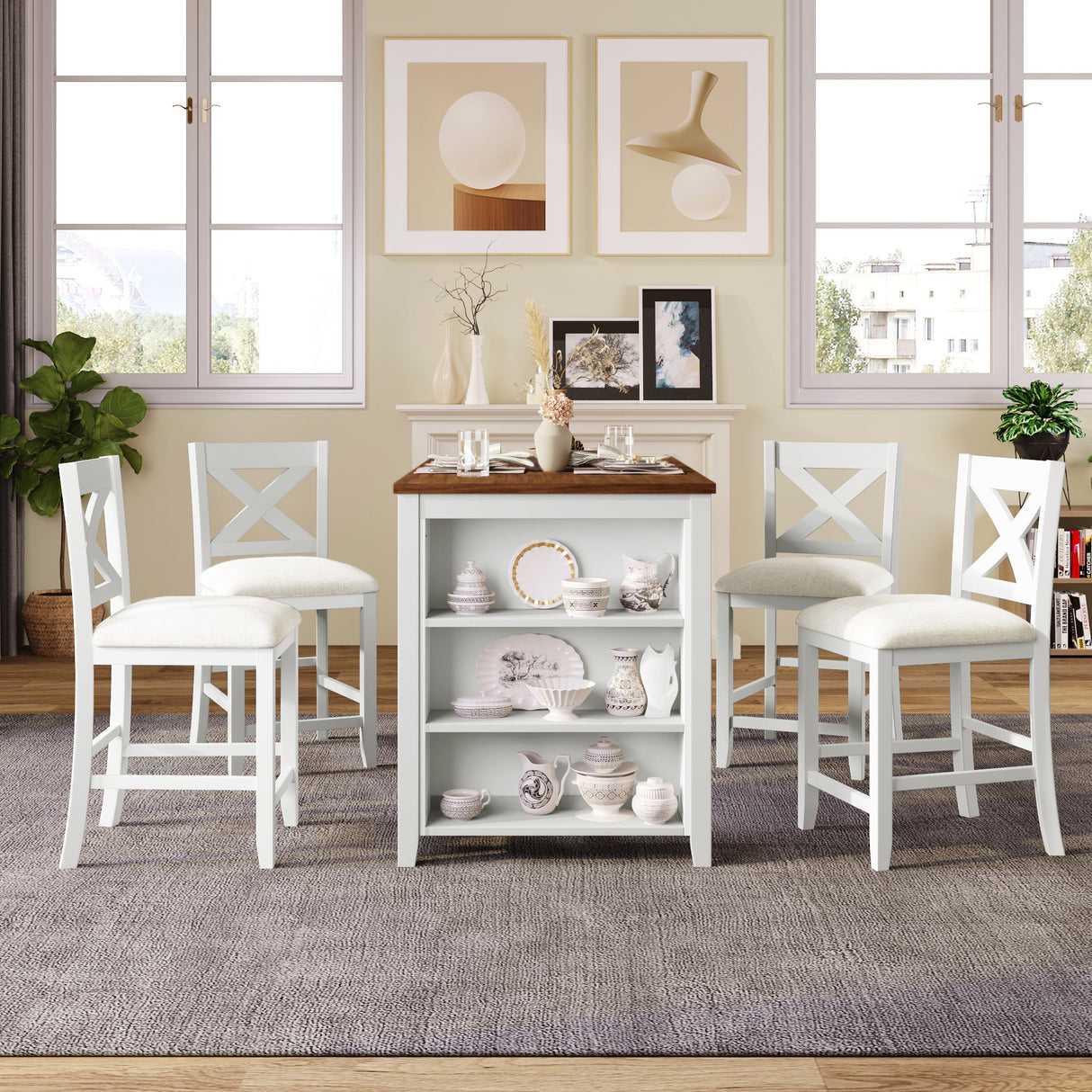 TOPMAX 5 Pieces Counter Height Rustic Farmhouse Dining Room Wooden Bar Table Set with 4 Chairs, White