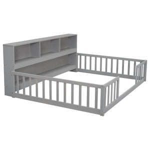 Full Floor Bed with Side Bookcase, Shelves, Guardrails