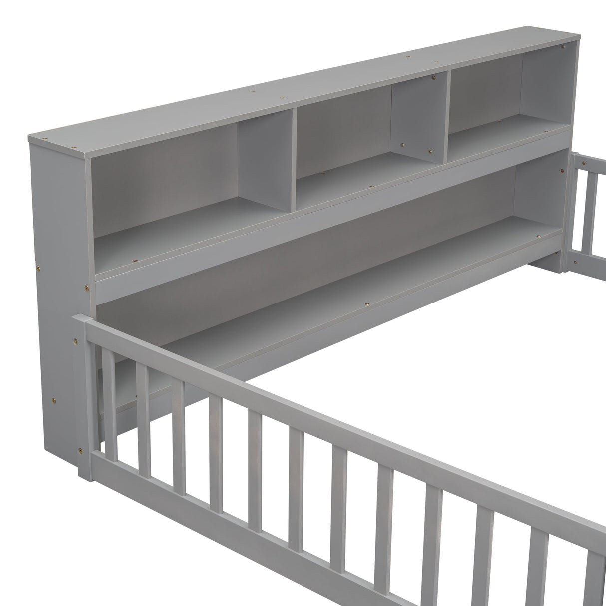 Full Floor Bed with Side Bookcase, Shelves, Guardrails