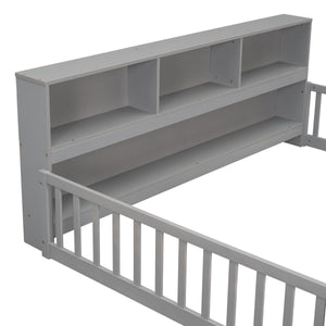 Full Floor Bed with Side Bookcase, Shelves, Guardrails