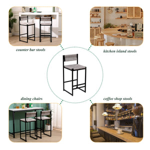 Gray Set of 2 Hand Weave Bar Stools with Back