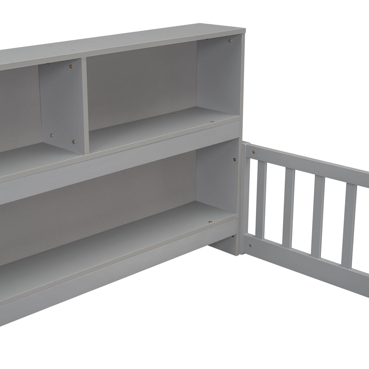 Full Floor Bed with Side Bookcase, Shelves, Guardrails