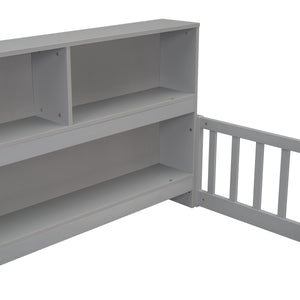 Full Floor Bed with Side Bookcase, Shelves, Guardrails