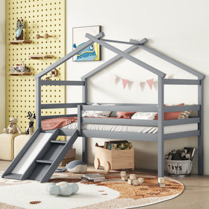 Twin Low Loft House Bed with Slide