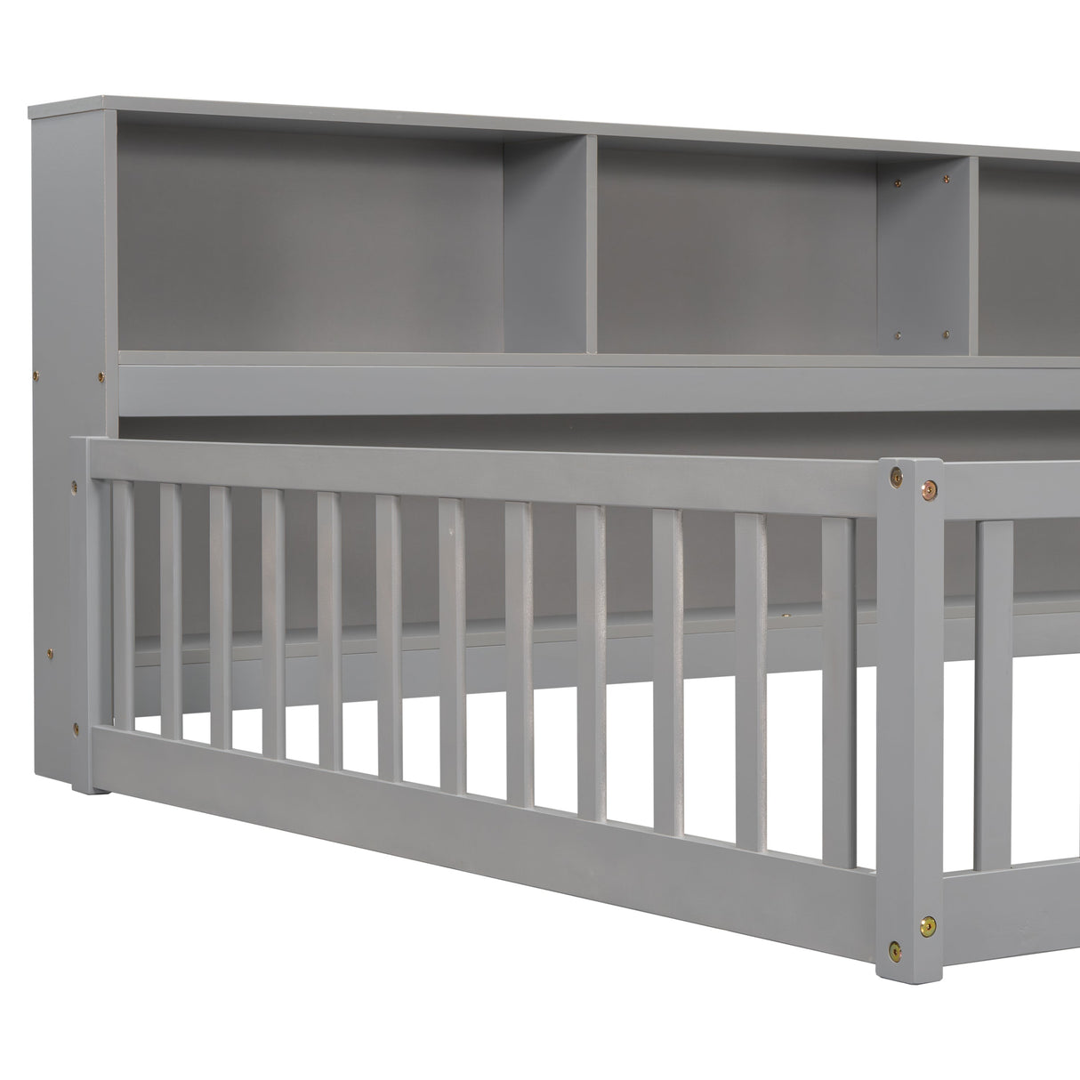Full Floor Bed with Side Bookcase, Shelves, Guardrails