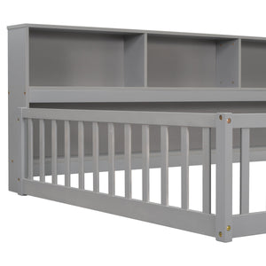 Full Floor Bed with Side Bookcase, Shelves, Guardrails