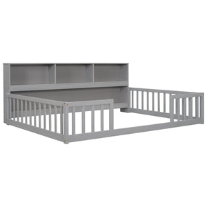 Full Floor Bed with Side Bookcase, Shelves, Guardrails