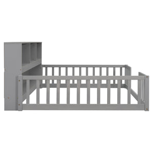 Full Floor Bed with Side Bookcase, Shelves, Guardrails
