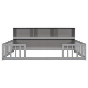 Full Floor Bed with Side Bookcase, Shelves, Guardrails