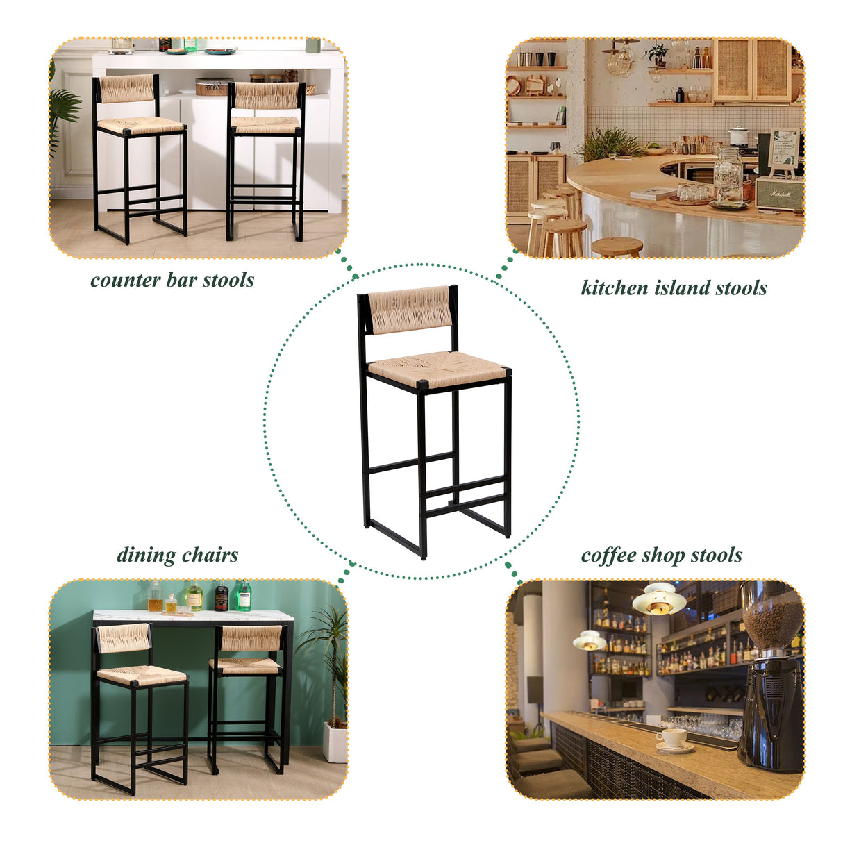 Honey Bar Stools Set of 2 - Paper Rope Weave Dining Chairs