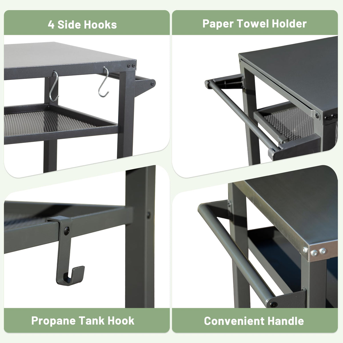 3-Shelf Outdoor Grill Table with Wheels and Propane Tank Hook