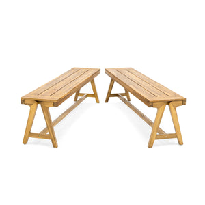 Outdoor Dining Benches (Set of 2) - Acacia Wood with Teak Finish