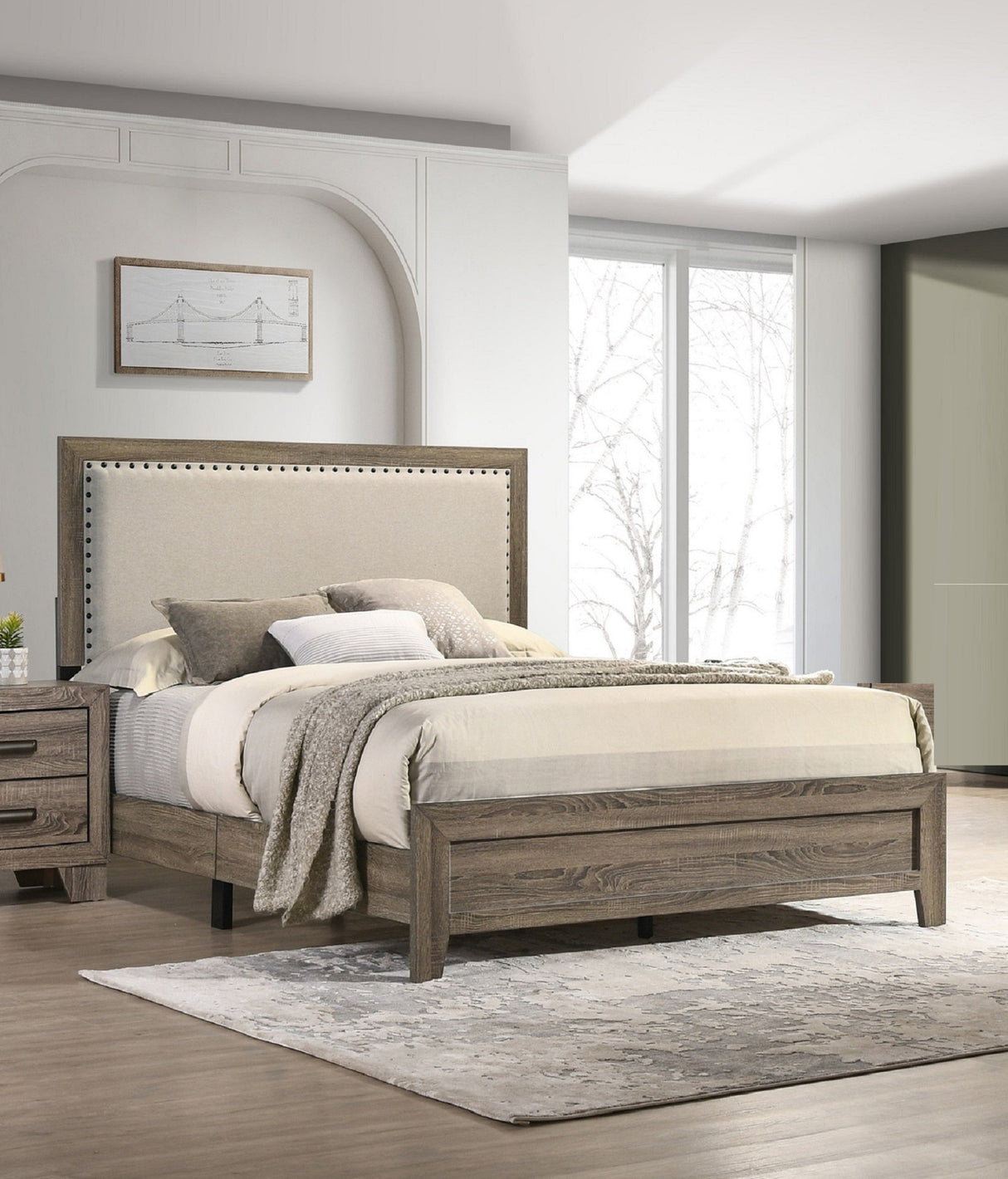 Wood Bed with Tufted Upholstered Headboard