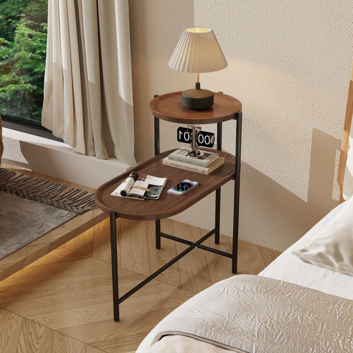 Small Coffee Tables 2-Tier Modern Sofa Side Table with Wood Storage Shelf