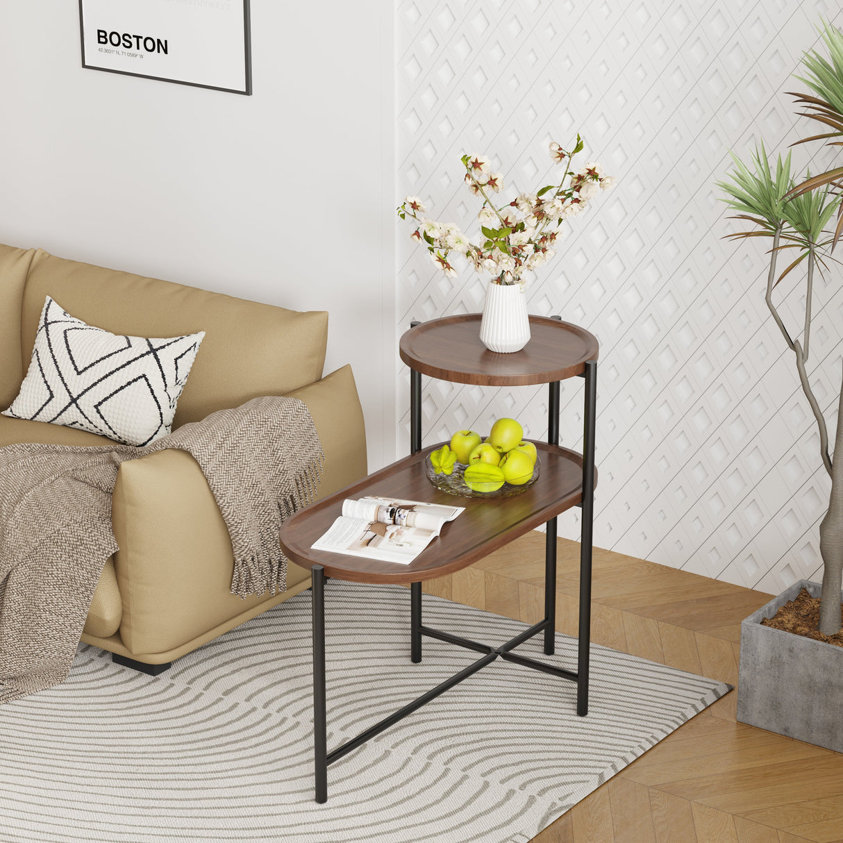 Small Coffee Tables 2-Tier Modern Sofa Side Table with Wood Storage Shelf