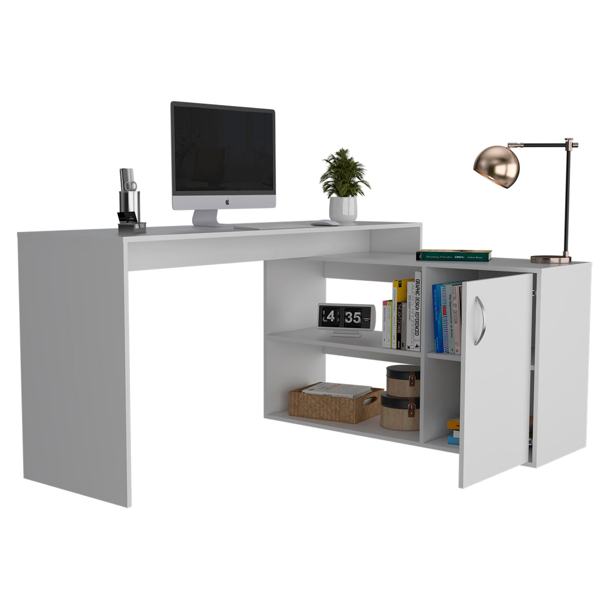 Axis Modern L-Shaped Computer Desk with Open & Closed Storage - White