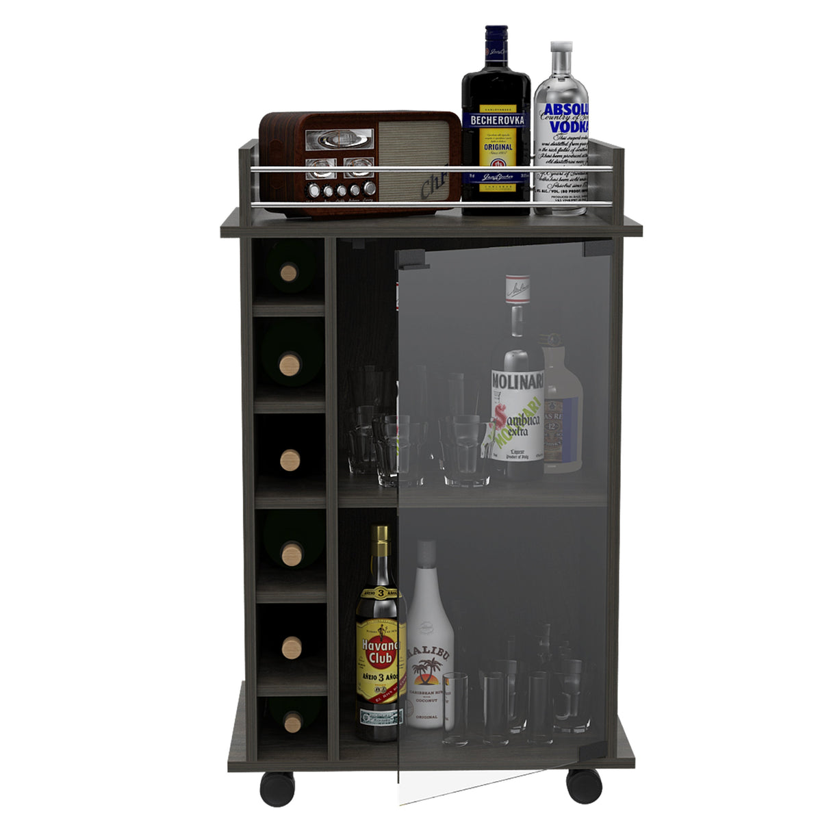 Dukat Bar Cart, Two Shelves, Six Built-in Wine Rack - Espresso