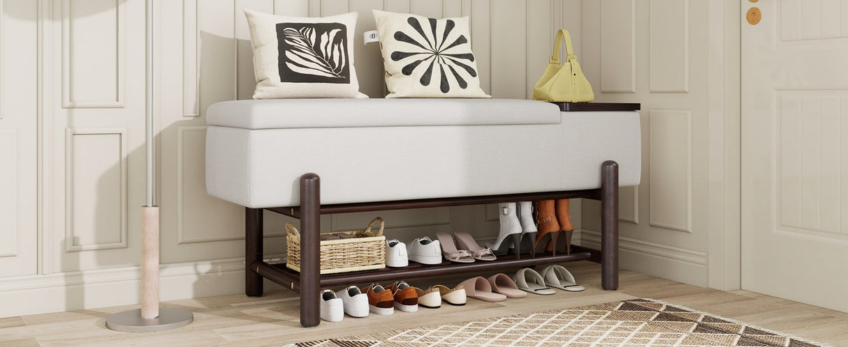 TREXM Farmhouse Upholstered Storage Bench with Hidden Compartment - Espresso