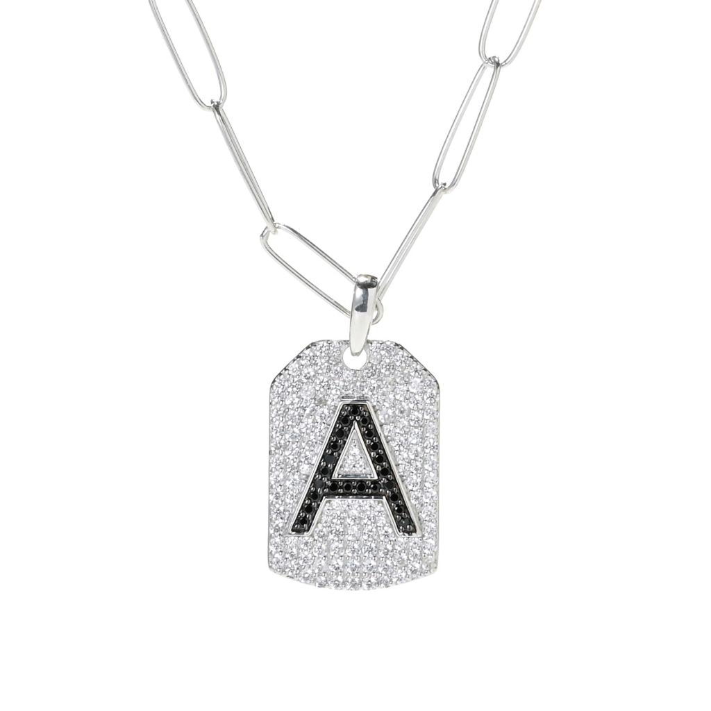 Gem Treasures Black Spinel & White Zircon Initial Dog Tag w/ Chain