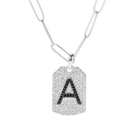 Gem Treasures Black Spinel & White Zircon Initial Dog Tag w/ Chain