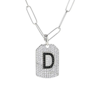 Gem Treasures Black Spinel & White Zircon Initial Dog Tag w/ Chain