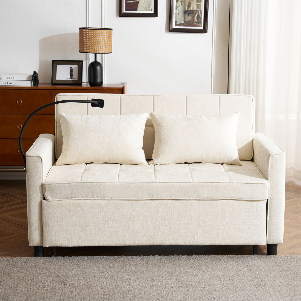 Pull-Out Sleeper Sofa With Reversible Backrest Cushion, Side Pockets, 2 USB Ports And A Phone Holder For Living Room