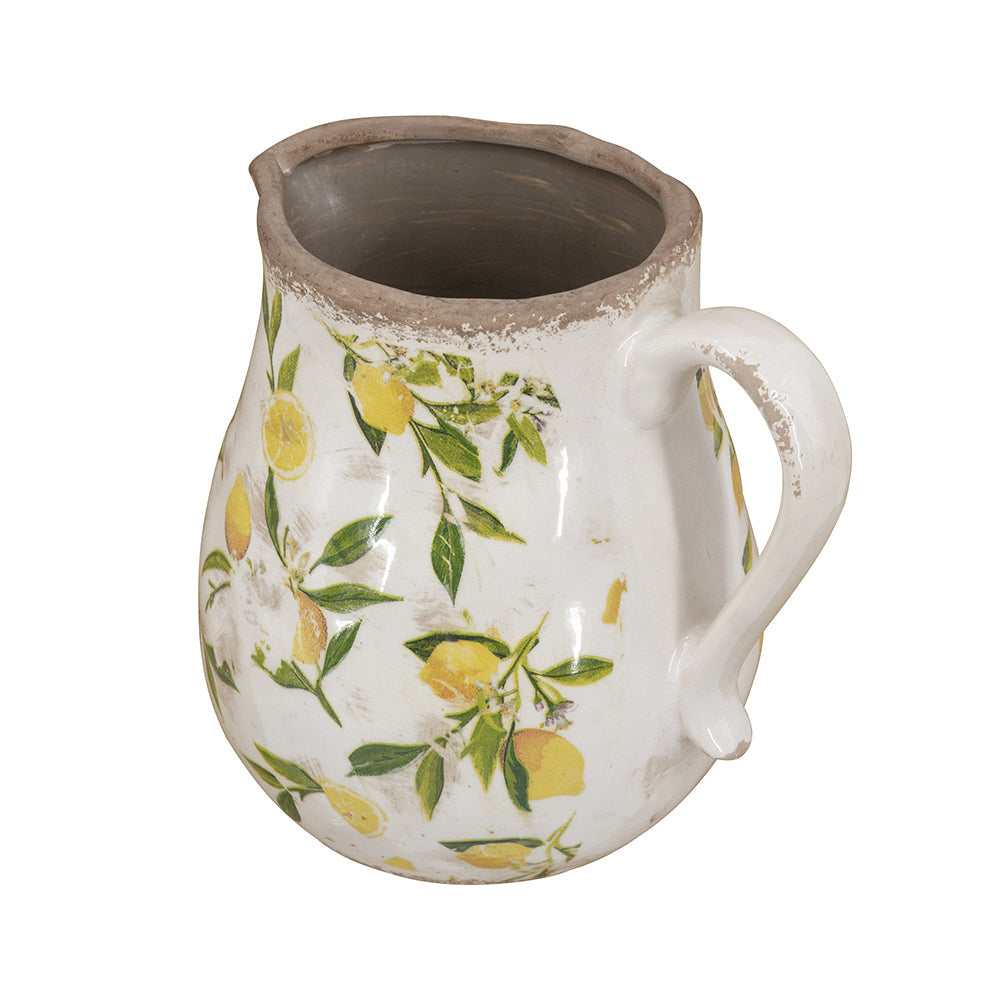 7.9x6.5x7.9" White Ceramic Pitcher Vase with Yellow Lemon Motif