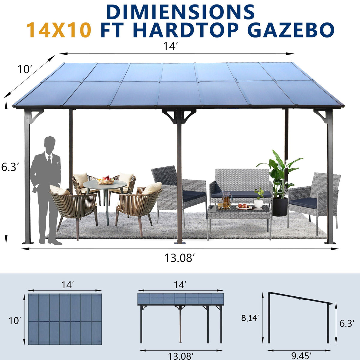 Wall Mounted Outdoor Pergola Gazebo with Heavy Duty Metal Awning and Roof