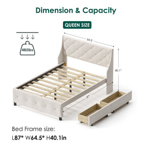 Queen Size Rubber Wood Bed Frame with Storage Headboard & Drawers