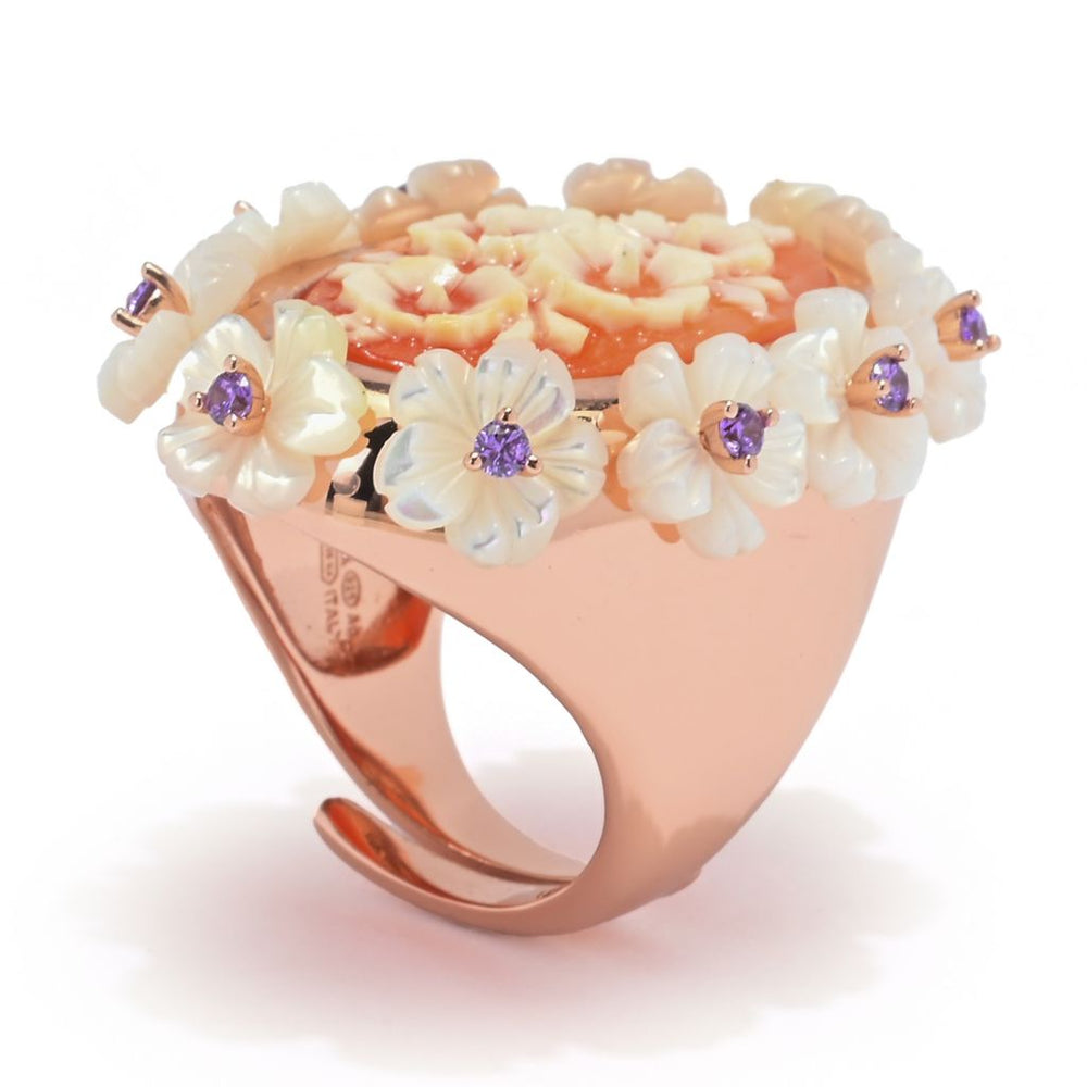 Cameo Italiano "Mucha" Flowers Shell Cameo, Mother-of-Pearl & Simulated Gem Ring