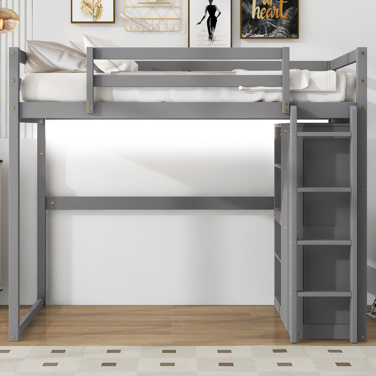 Loft Bed With Built In Wardrobe, Storage Shelves, And LED Light
