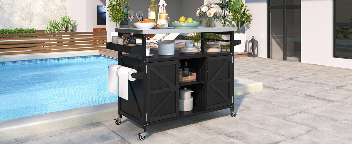 K&K Outdoor Kitchen Island with Rolling Bar Cart and Storage Cabinet