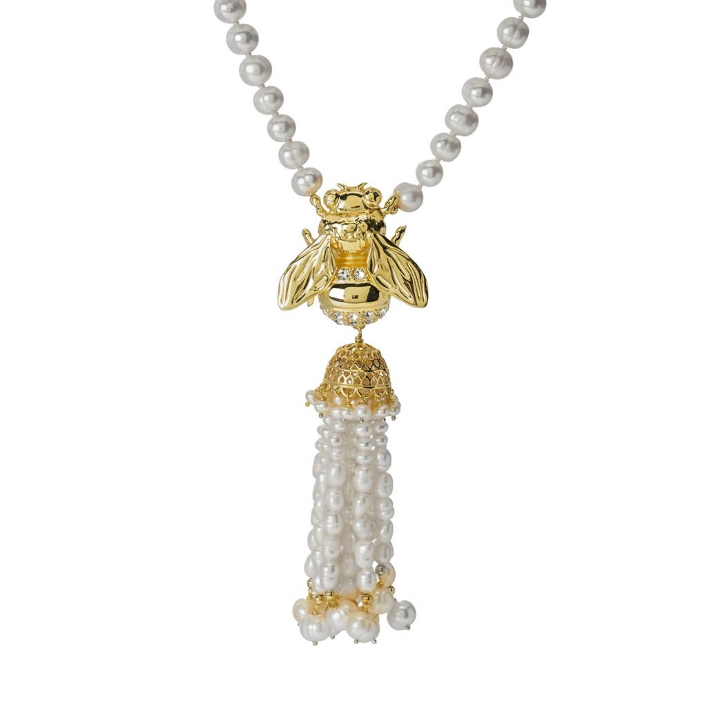 Graziella 23K Gold Plated Cultured Pearl & Simulated Diamond Bee Necklace