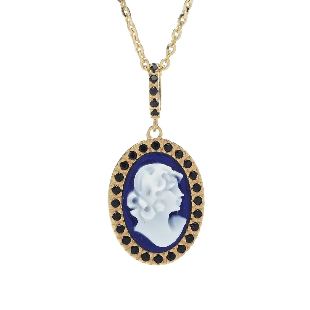 Cameo Italiano "Sunrise" Blue Agate Cameo & Simulated Diamond Pendant w/ Chain
