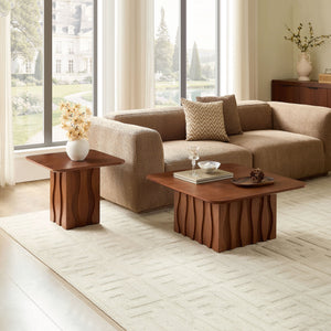 2PCS Nesting Square Coffee Table Mid-Century Wavy Fluted Base