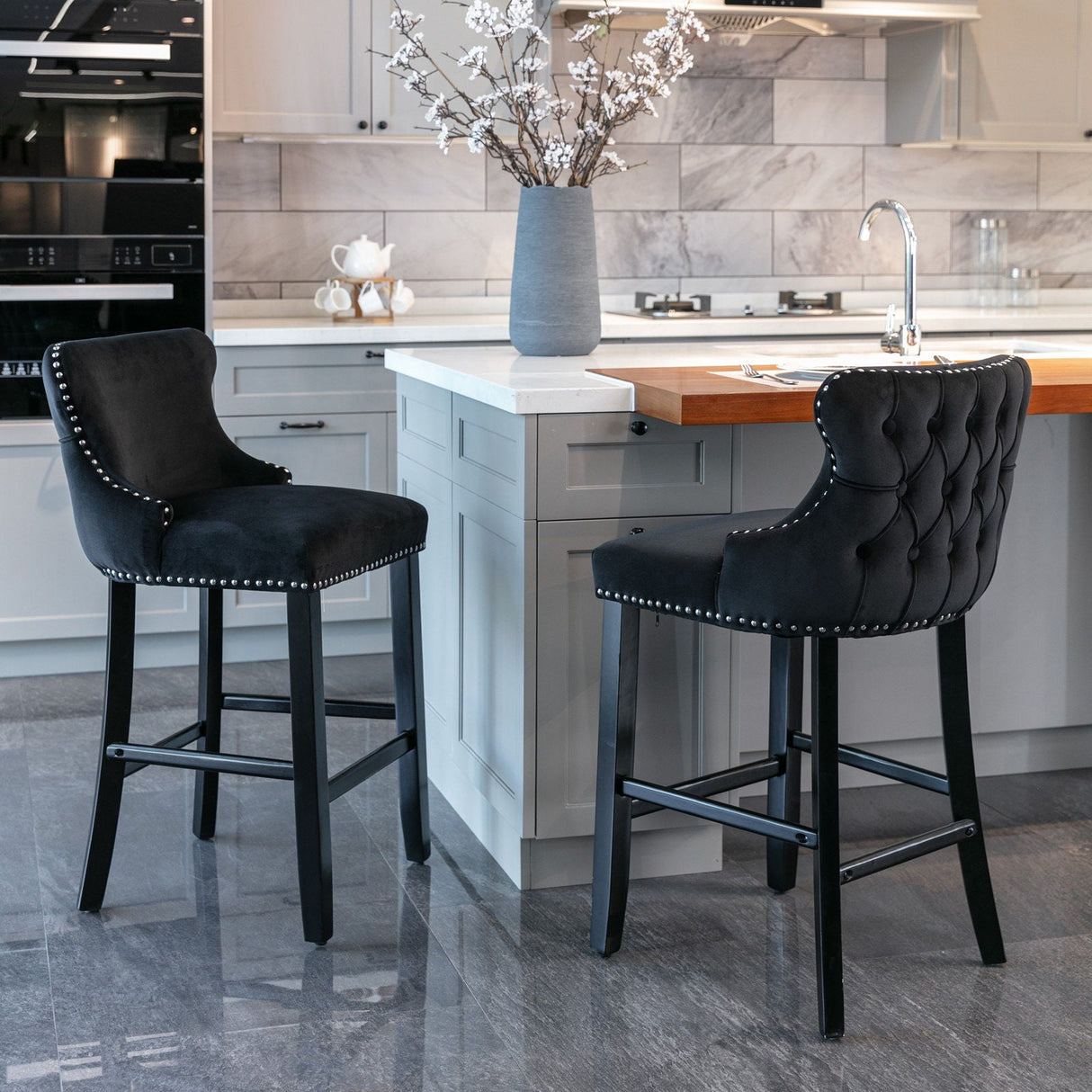 Contemporary Upholstered Wing-Back Barstools With Button Tufted Decoration And Wooden Legs, And Nailhead Trim, Leisure Style Bar Chairs, Bar Stools (Set of 2)