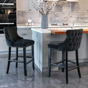 Contemporary Upholstered Wing-Back Barstools With Button Tufted Decoration And Wooden Legs, And Nailhead Trim, Leisure Style Bar Chairs, Bar Stools (Set of 2)