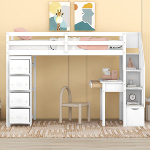 Loft Bed With Storage Drawers, Desk And Stairs With Shelves