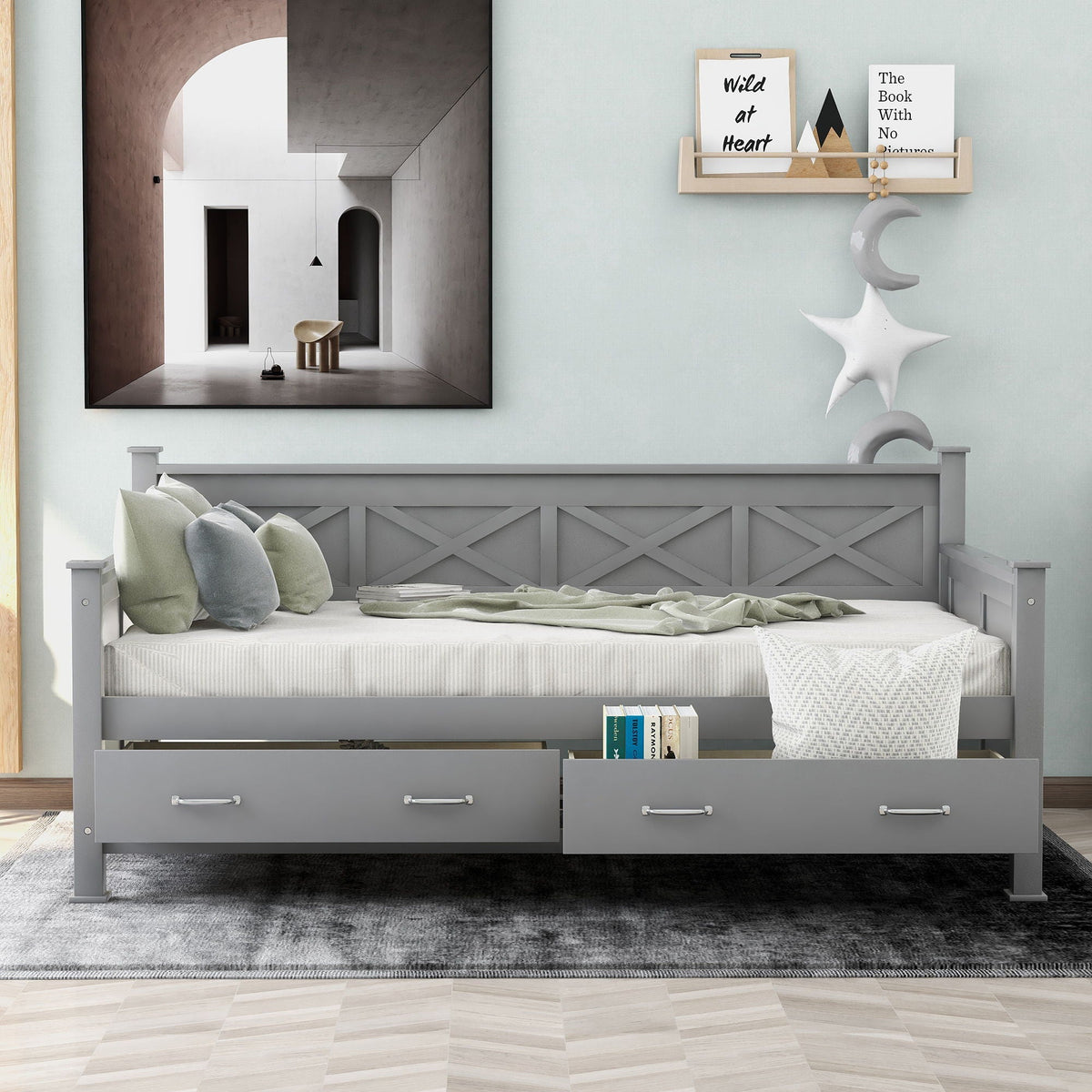 Modern Daybed With 2 Large Drawers, X Shaped Frame