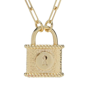 Passport to Turkey Gold Plated Textured Padlock Pendant w/ Paperclip Chain