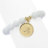 Toscana Italiana 18K Gold Plated 10m Bead Gem & Genuine 20 Lire Stretch Bracelet